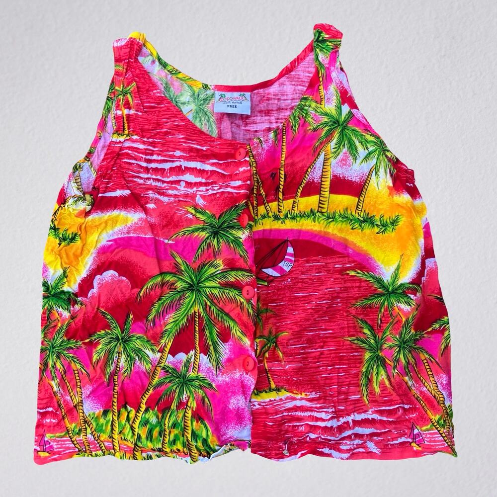 Vintage pink tropical rayon tank top with buttons, palm trees island, resortwear